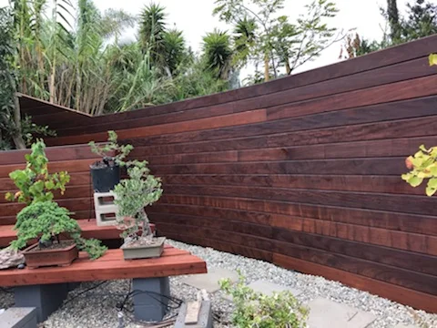 Curved wooden fence with warm tones encloses a garden area. Bonsai trees in pots sit on wooden benches, creating a serene, zen-like atmosphere.
