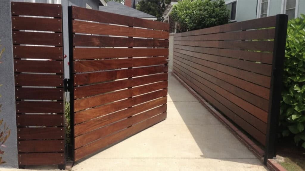 modern mahogany horizontal slat driveway gate