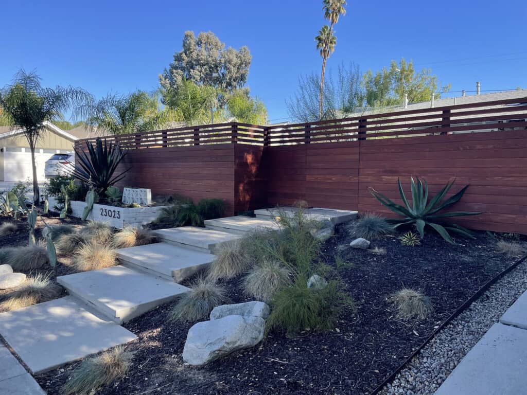 modern redwood horizontal slat fence front yard