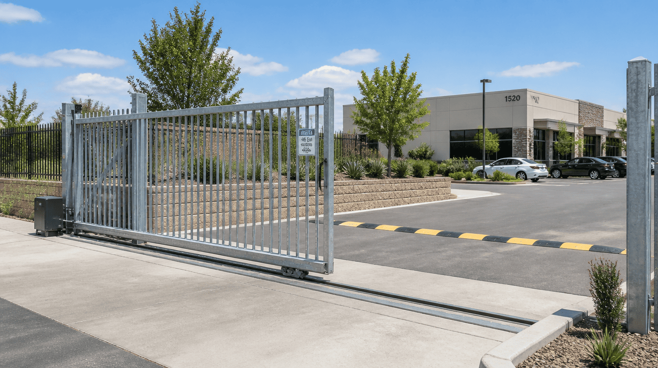 A galvanized-steel slide gate at the entrance of a small commercial office lot, partially open, exposing the track along the concrete apron. Bright afternoon light, a painted speed bump visible just past the gate, a low retaining wall with drought-tolerant landscaping along the property line, wide framing showing the full gate span.