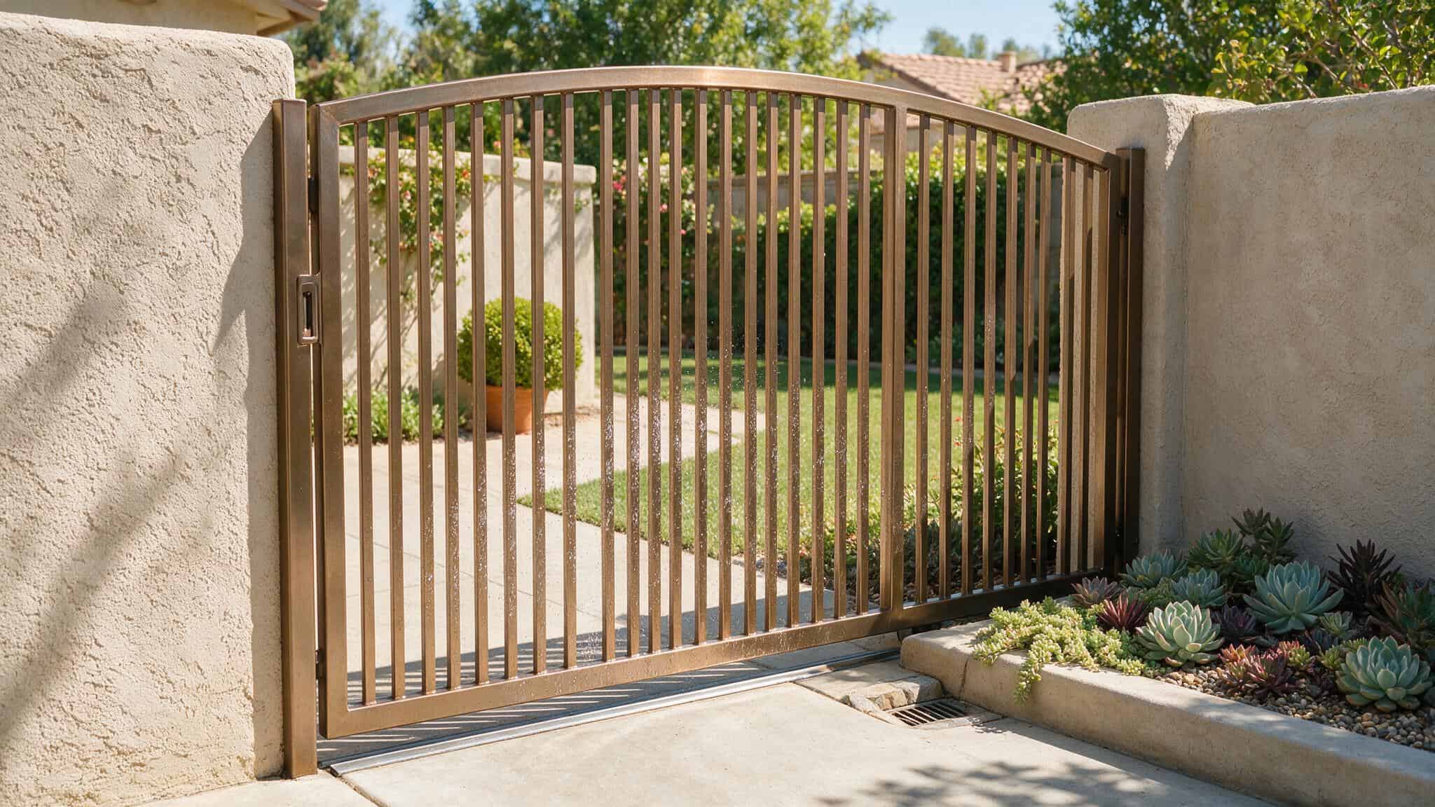 A tall-framed photo of a bronze-tone aluminum slide gate, half-open, next to a low succulent garden bed. Bright midday sun, a small drainage grate visible in the concrete near the gate track, faint water spotting on the gate panel from a recent hose-down.