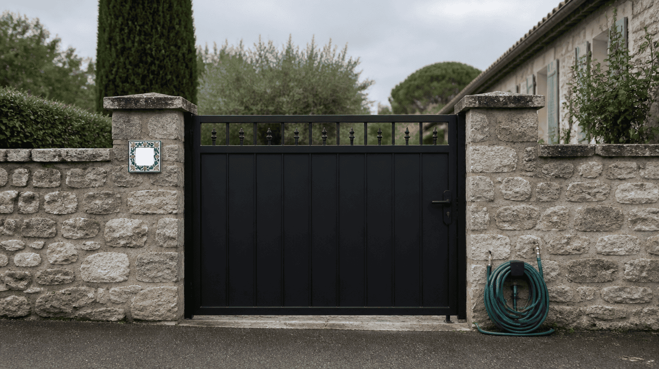A matte-black steel swing gate, closed, set into a low stone wall, with a small ceramic house-number tile mounted beside it (numbers illegible at this distance). Overcast light, a folded garden hose resting near the gate post.