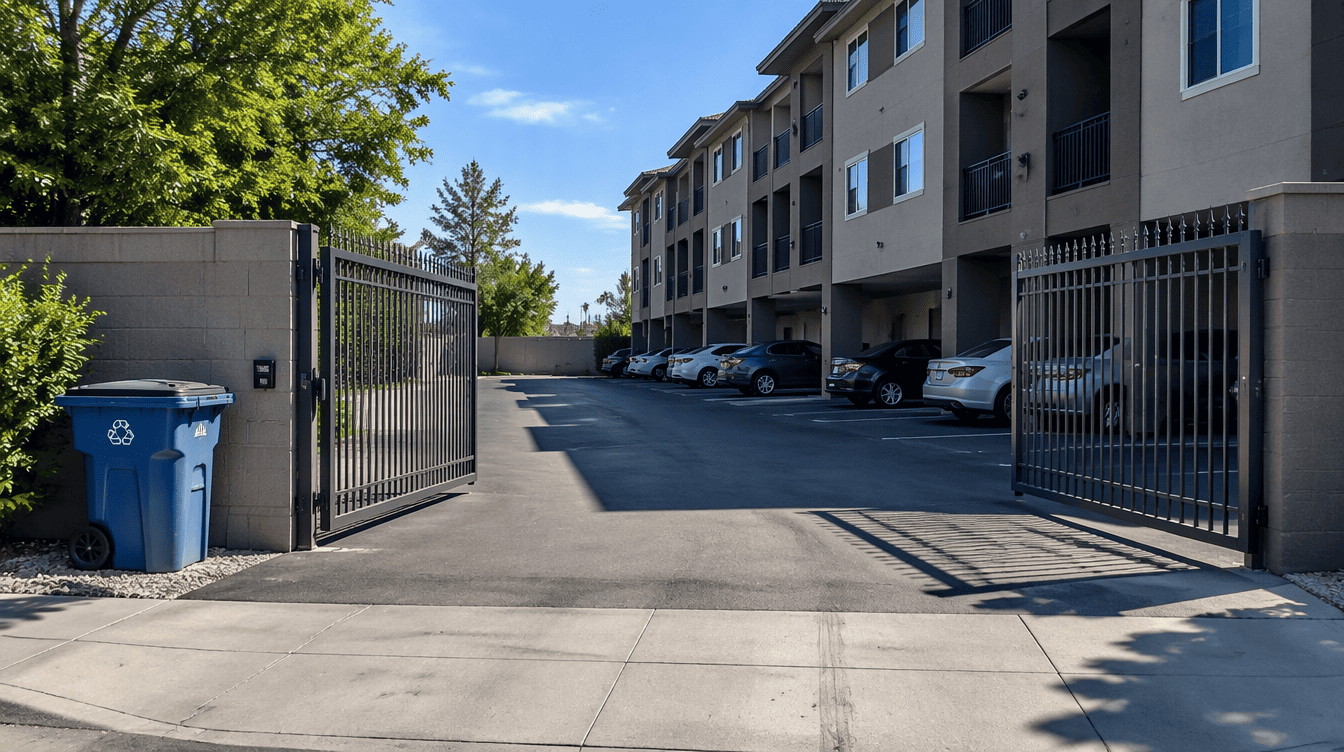 A wide steel commercial driveway gate at a multi-unit apartment entrance, open, revealing a numbered parking area beyond (numbers not legible). Bright afternoon sun, a recycling bin staged near the property wall, faint tire marks on the asphalt.