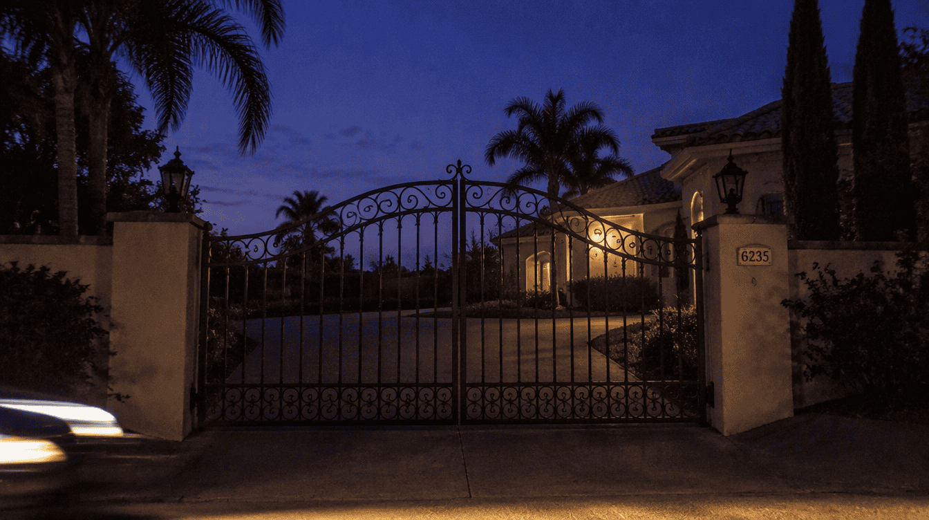 A closed wrought-iron driveway gate photographed at dusk, warm porch light glowing behind a low garden wall, sky a deep blue-purple. Faint headlight blur from a passing car at the frame edge, slightly grainy low-light texture consistent with a phone camera at dusk.