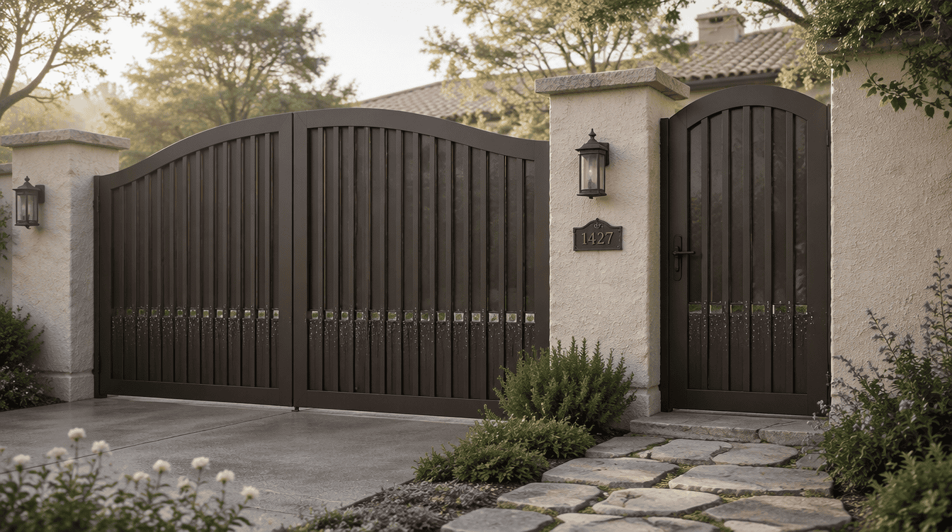 A driveway gate paired with a matching pedestrian walk-gate, both in matte bronze aluminum, set into a stucco fence line. Soft morning light, dew visible on the lower pickets, an uneven flagstone path leading up to the pedestrian gate.