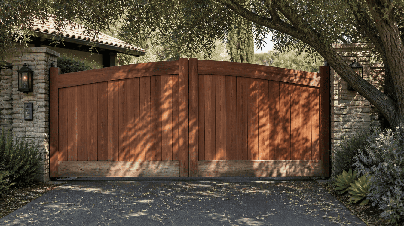 A Redwood driveway swing gate partly shaded by an overhanging olive tree, closed, showing natural wood grain and a slightly weathered lower rail. Dappled afternoon light, a scattering of small olive-tree leaves on the driveway surface below.