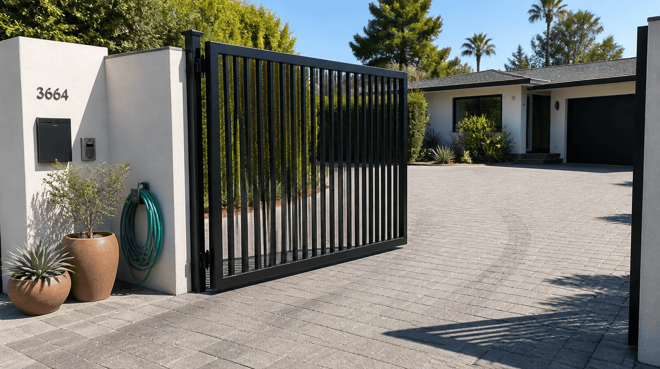 A black aluminum vertical-picket swing gate, open at roughly 60 degrees, across a paved driveway leading to a modern single-story Los Angeles home. Bright midmorning sun with crisp shadows, a garden hose reel and a couple of terracotta planters near the entry wall, faint tire marks on the pavement, camera framed slightly off-axis as if taken while walking up the driveway.