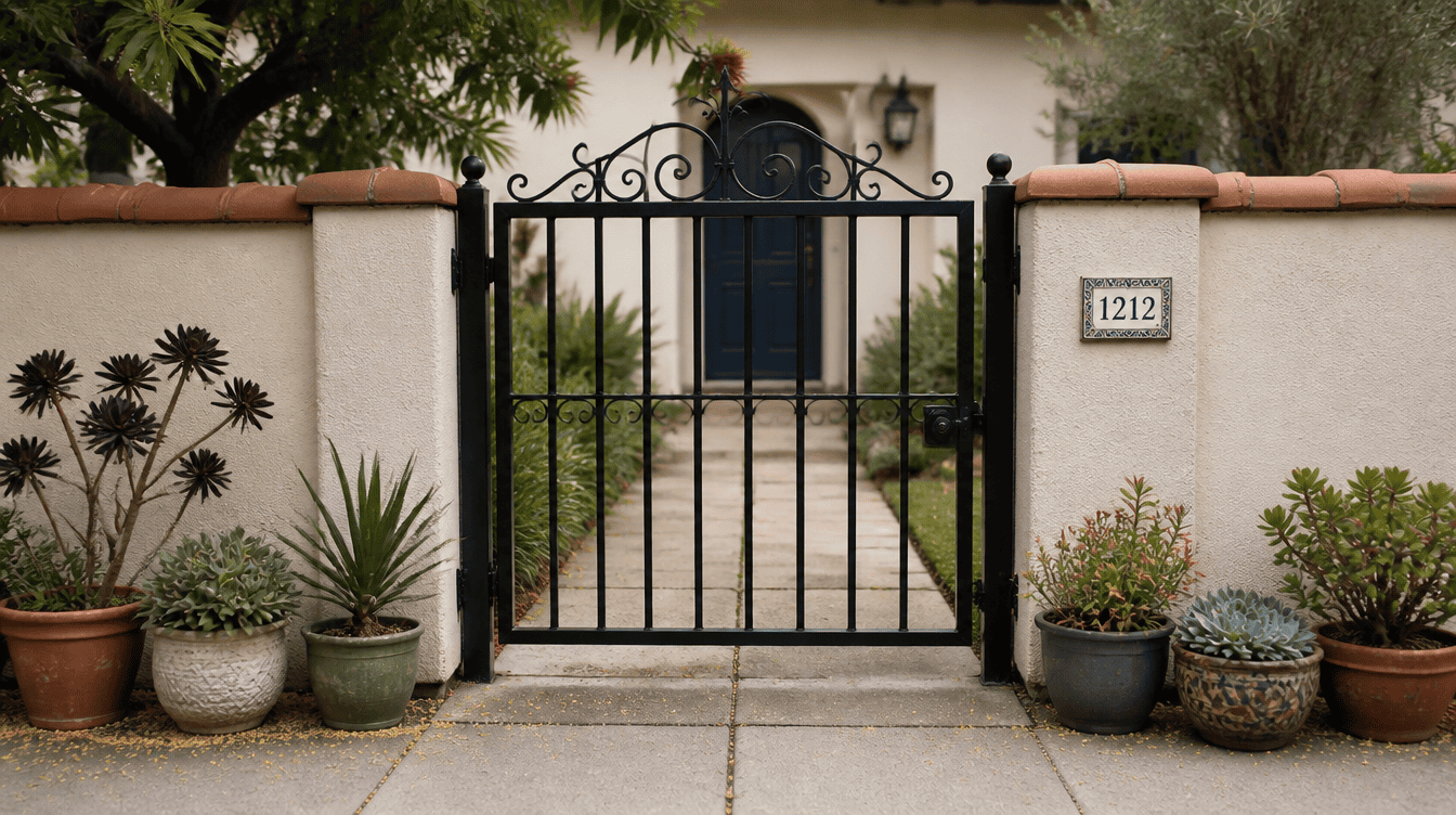 A wrought-iron residential swing gate with a simple scroll motif, closed, flanked by low stucco walls topped with terracotta caps. Soft overcast light, potted succulents lining the walkway beside the gate, a light dusting of pollen on the pavement, photo taken at eye level from the sidewalk.