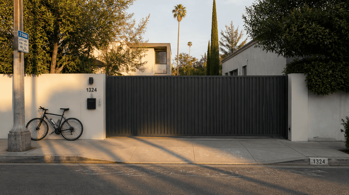 A modern matte-gray vertical-slat aluminum driveway gate, closed, viewed from across a quiet Los Angeles residential street. Golden-hour light with long shadows from a nearby streetlight pole, a parked bicycle leaning against the low wall beside the gate, faint chalk marks on the sidewalk from kids playing, natural street-level framing.